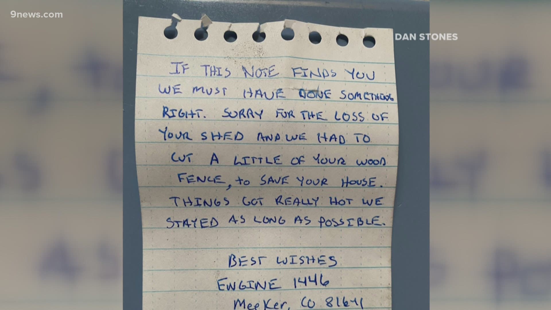 Firefighters working on the East Troublesome Fire leave a note apologizing to a homeowner for damaging his fence in order to save his house.