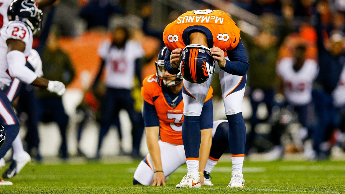 October 27, 2019: Denver Broncos kicker Brandon McManus (8) kicks field  goal out of the hold by Denver Broncos punter Colby Wadman (6) during NFL  football game action between the Denver Broncos