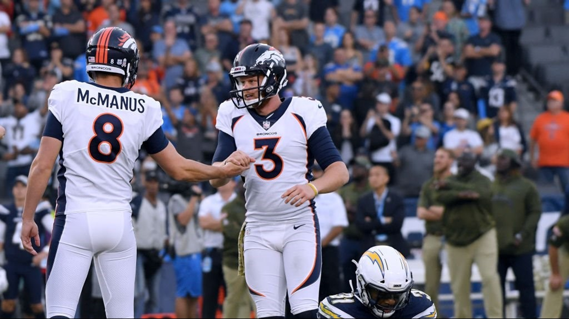 Denver Broncos punter Colby Wadman (6) follows through on a punt against  the Los Angeles Chargers during the second half of an NFL football game in  Carson, Calif., Sunday, Oct. 6, 2019. (