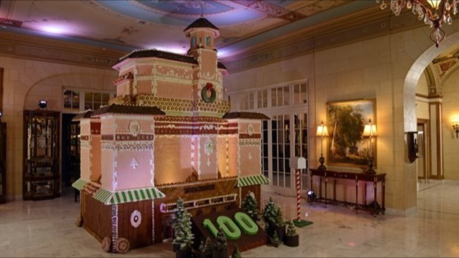 A massive 13 ½-foot-tall, 120-square-foot gingerbread replica of the original 1918 Broadmoor resort is on display at the Colorado Springs hotel.