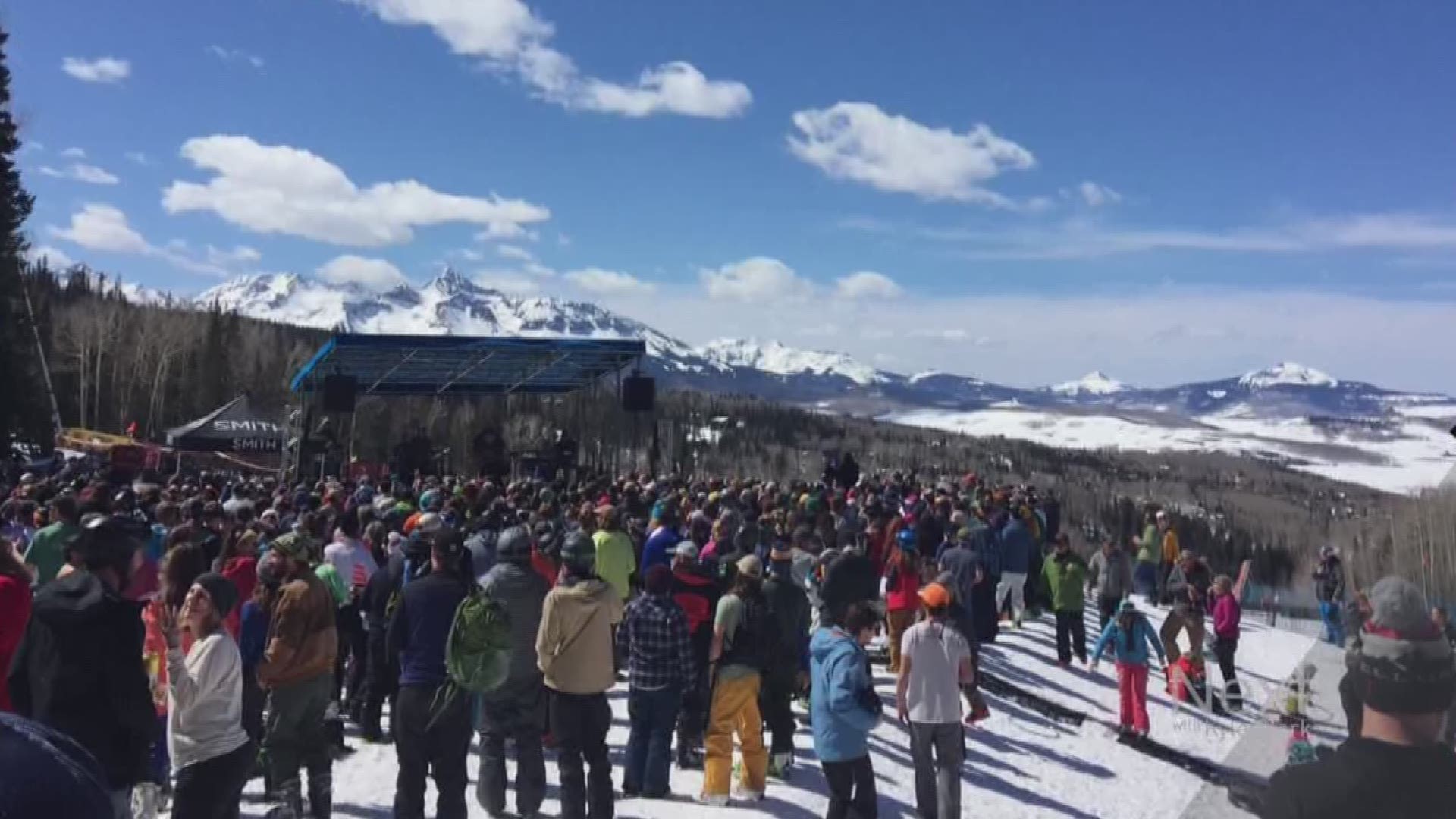 Bill Nershi, one of the founding members of the String Cheese Incident, rocks out in ski boots before a crowd at the base of Telluride Ski Resort.