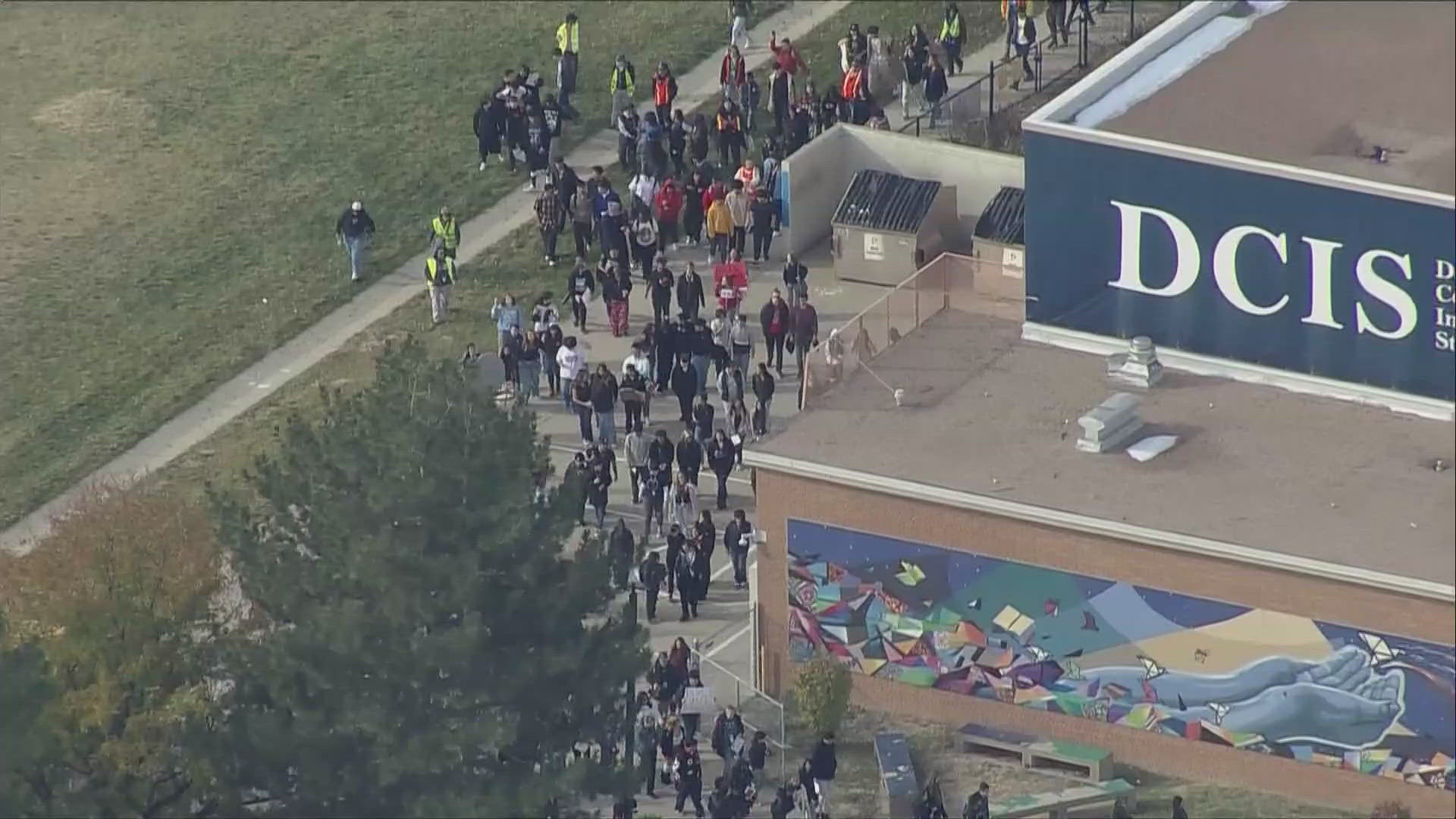 Students walked out at the Denver School of Innovation and Sustainable Design and the Baker Campus.