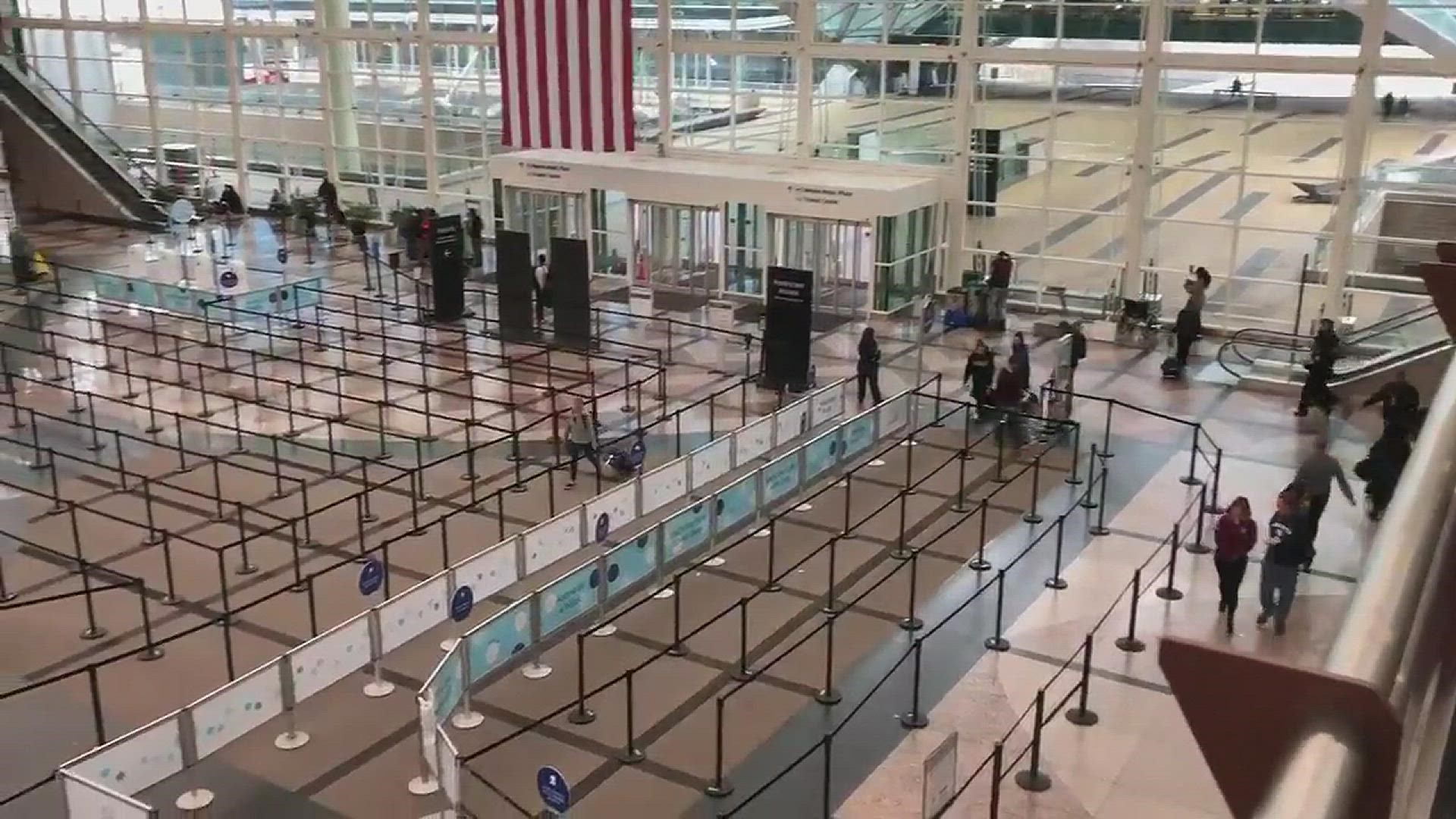As what some called a "bomb cyclone" headed to Colorado -- leading to the cancellation of hundreds of flights -- the security line at Denver International Airport was completely empty. There were, however, plenty of TSA officers working.