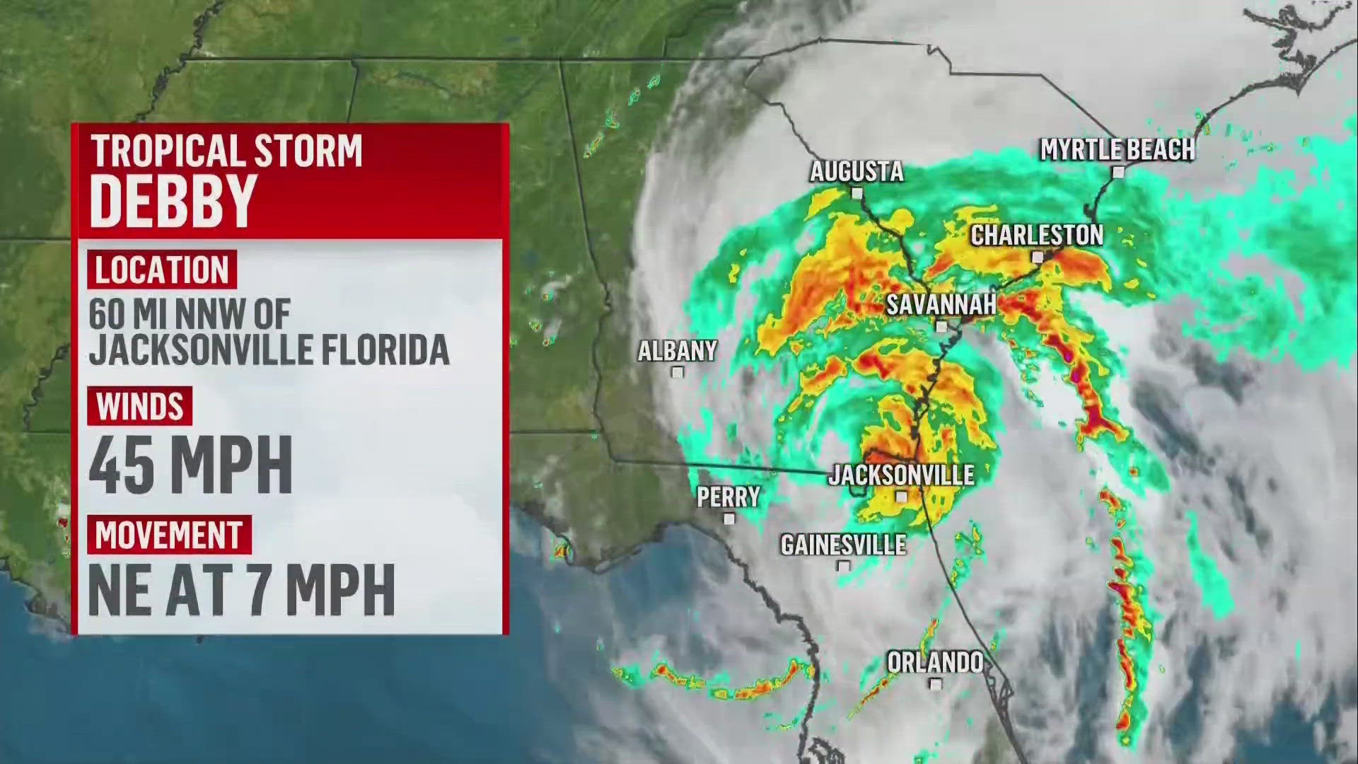 Debby was downgraded to a tropical storm as it moves from Florida to Georgia, but experts expect the system is still expected to unleash potentially historic rain.