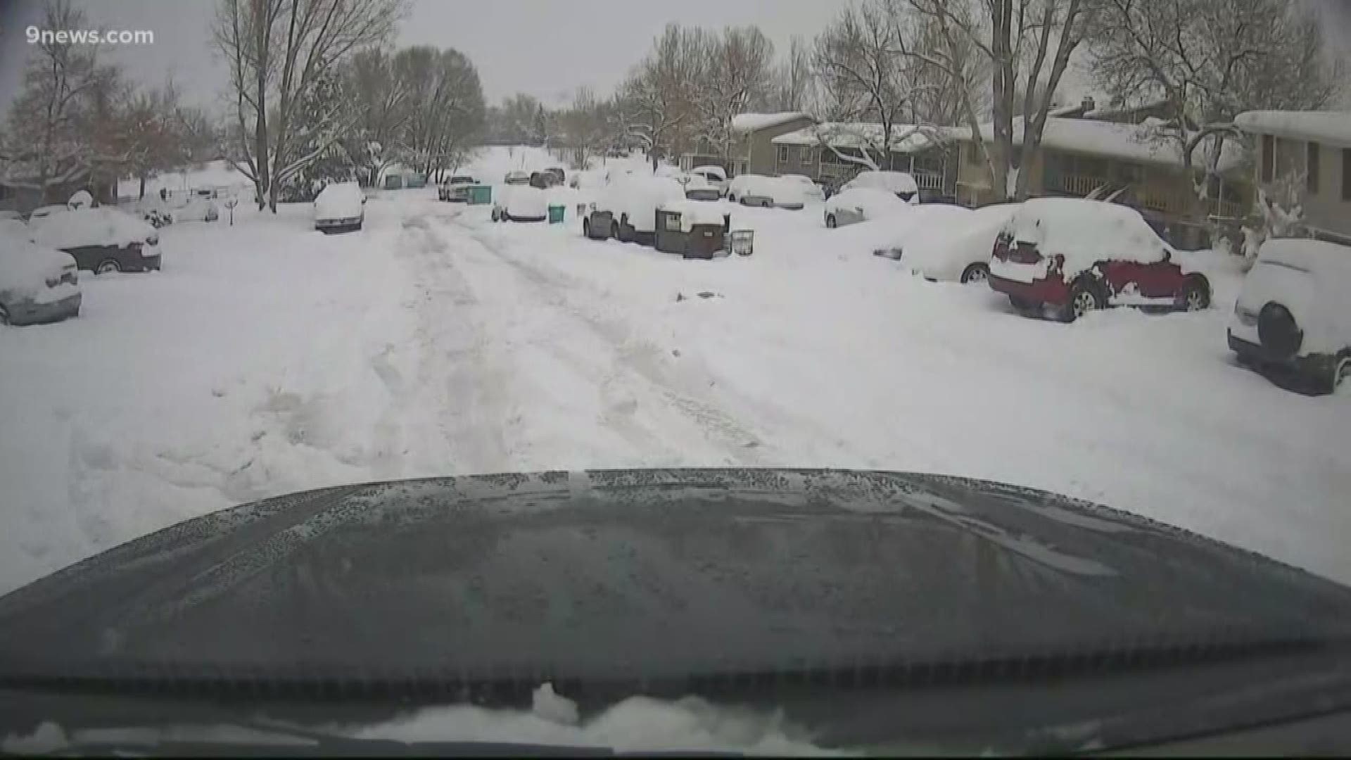 9NEWS' Noel Brennan gives us a look at the snowy weather conditions in Fort Collins. He also gives us a glimpse as they attempt to drive out of the snowy Strover St.