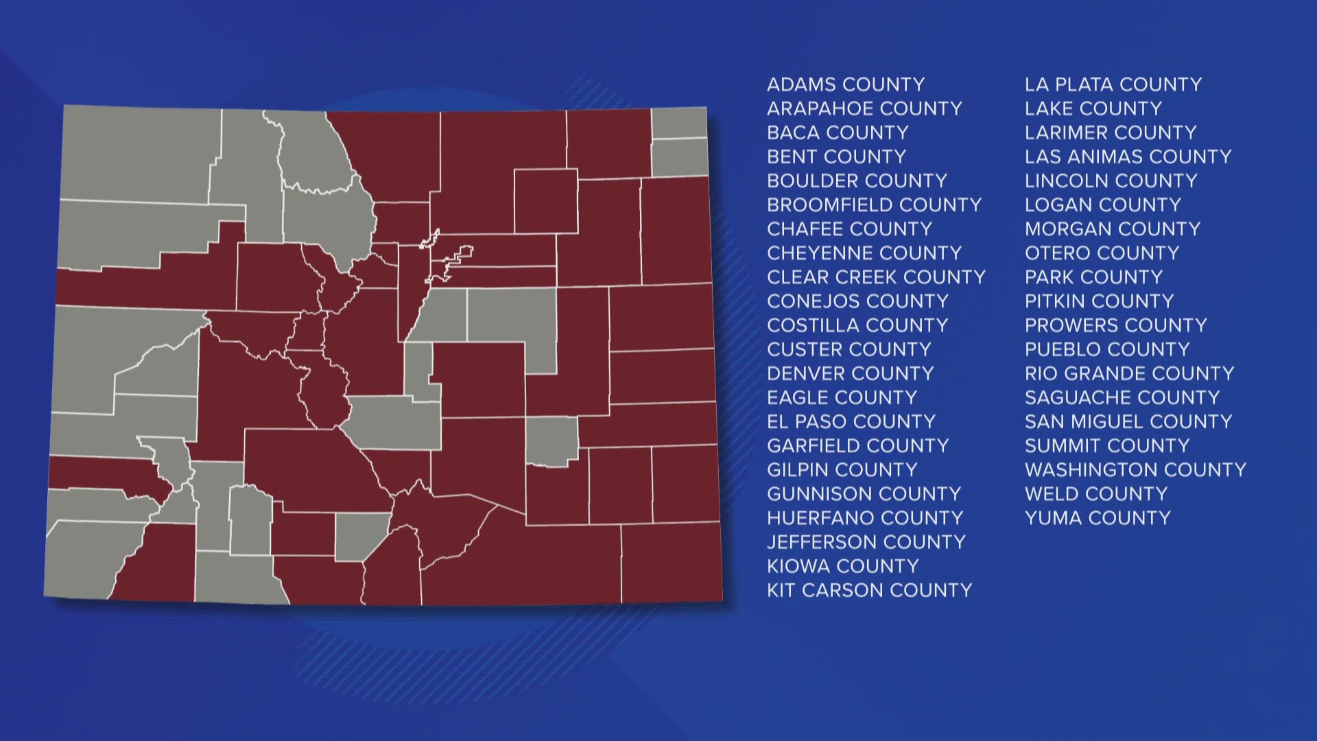 The list, published by the Department of Homeland Security, includes 15 Colorado cities, including Denver, Boulder, and Aurora, and 41 counties. 