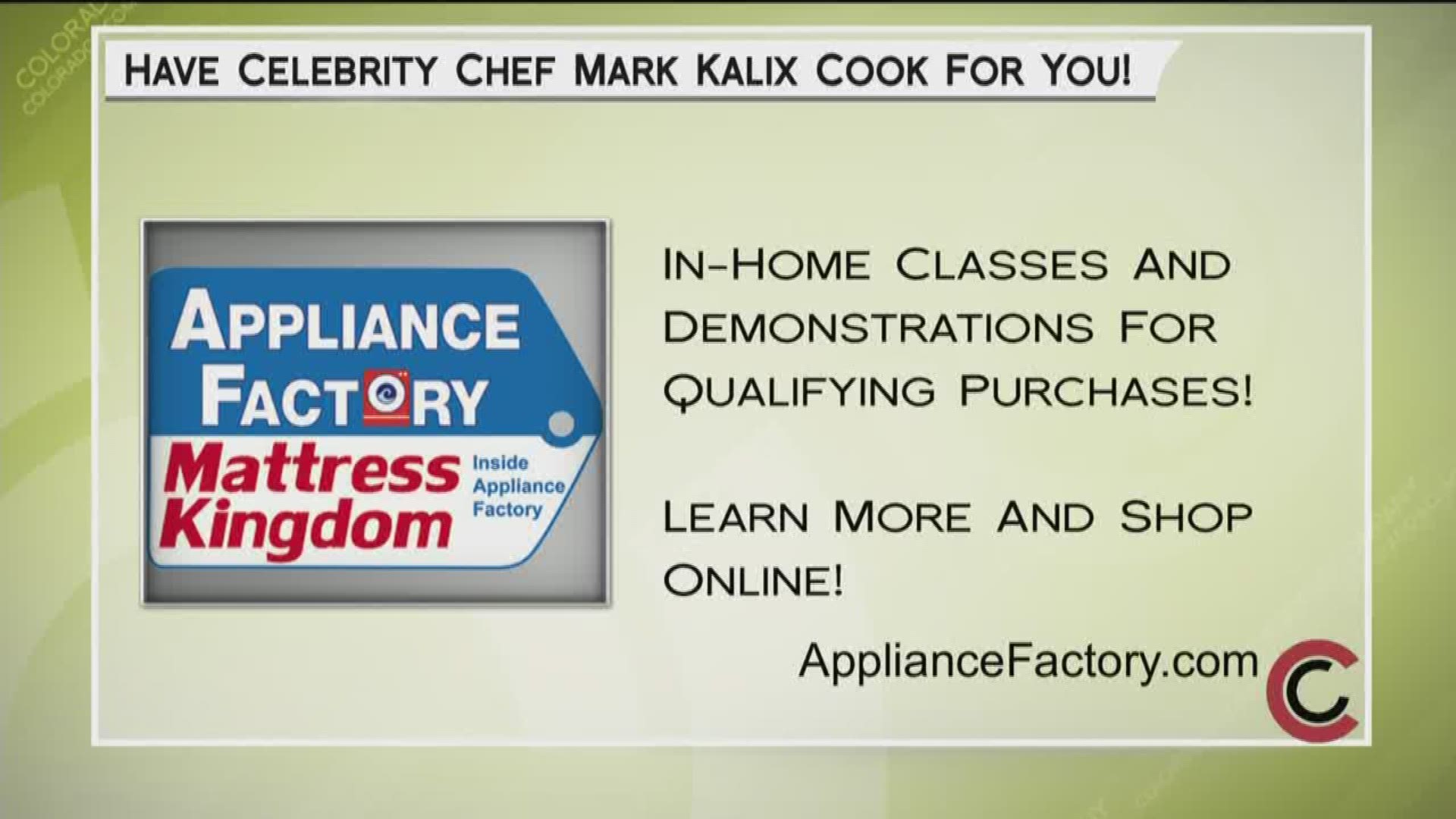 Chef Mark Kalix offers in-house cooking classes  with qualifying purchases. Check out thousands of appliances and Black Friday pricing 40-80% off.