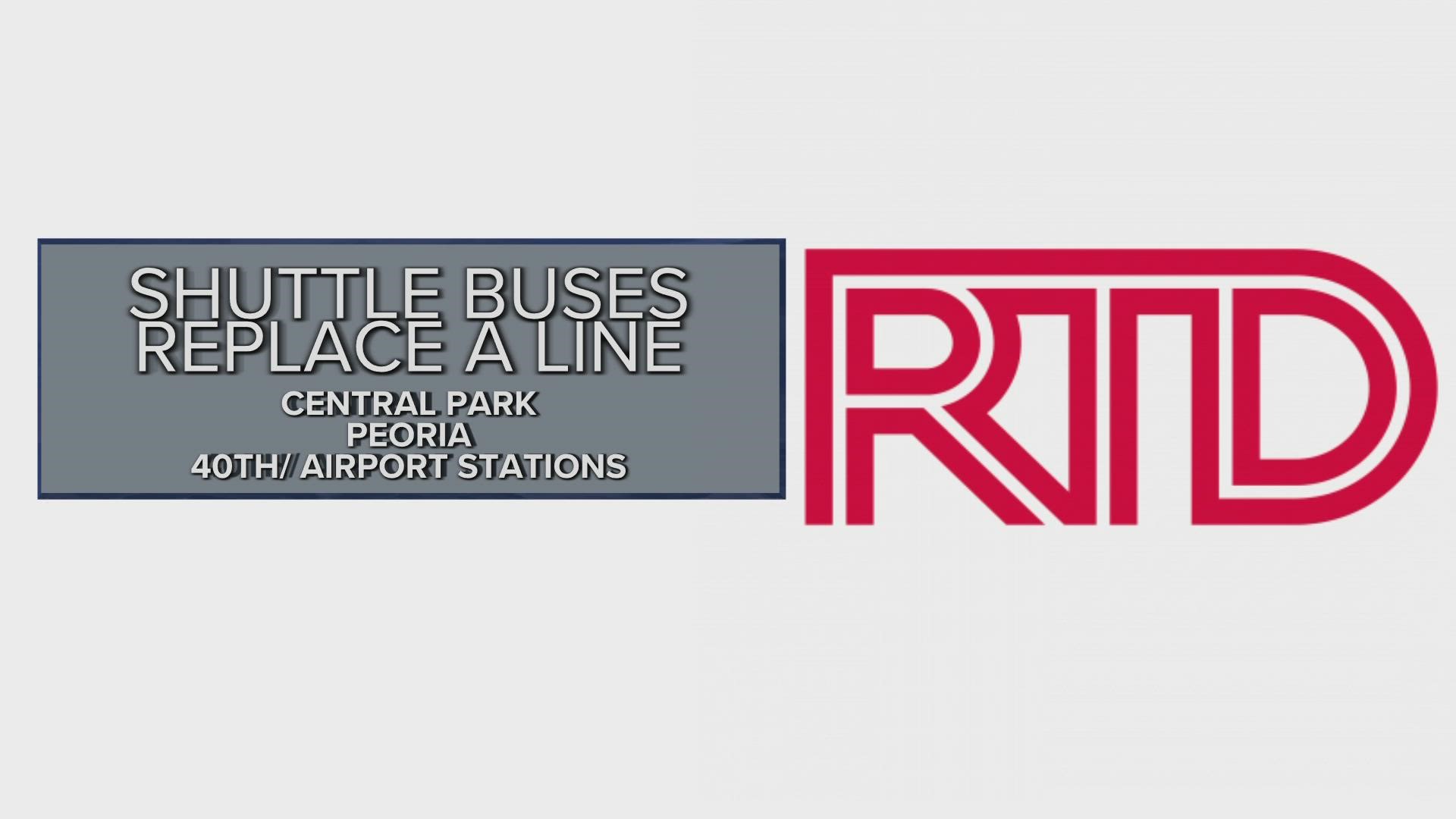 RTD said because of emergency repairs, A Line service is being replaced by shuttle buses between Central Park and 40th & Airport-Gateway Park stations.