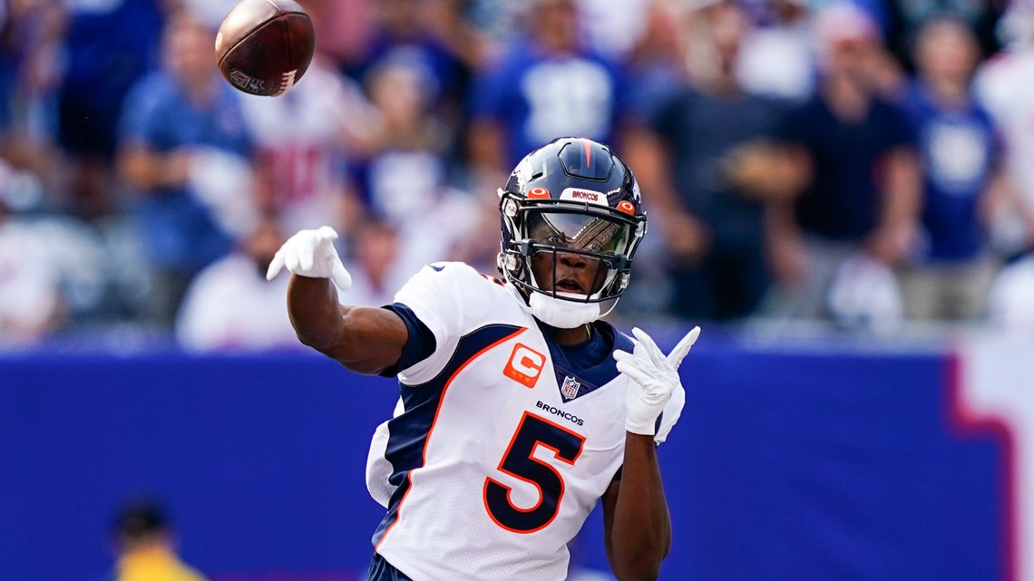 Denver Broncos wide receiver Tim Patrick (81) during the second half of an  NFL football game against the New York Giants Sunday, Sept. 12, 2021, in  East Rutherford, N.J. (AP Photo/Matt Rourke