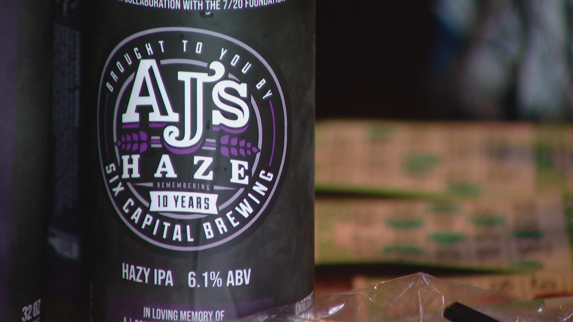A new beer called AJ's Haze flowed out of the taps at Six Capital Brewing on Thursday; brewed by the family of AJ Boik, who was killed during the theater shooting.