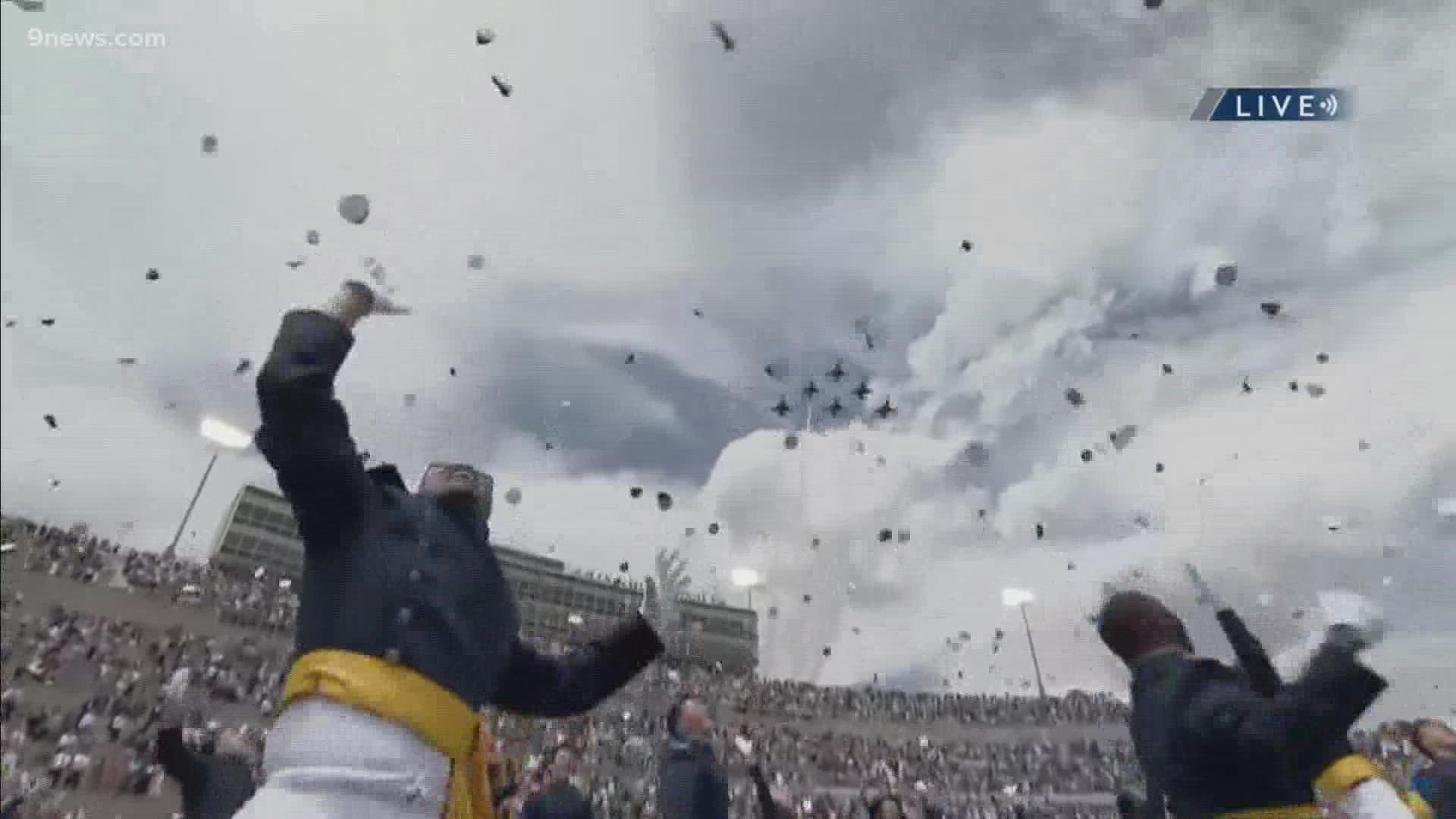 The cheers of Air Force Academy cadets were quickly silenced by the roar of the legendary Thunderbirds flying overhead.