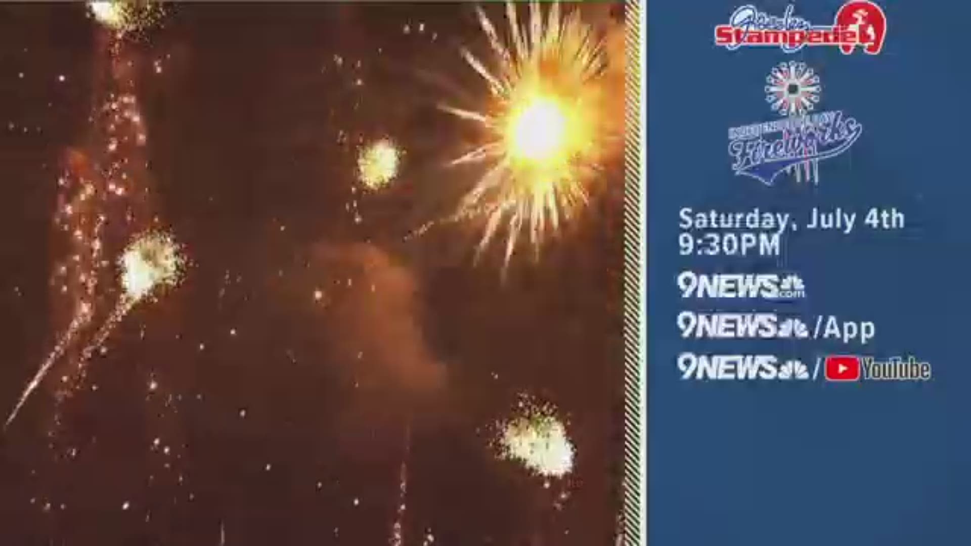 Greeley Stampede's July 4 firework display will stream on 9NEWS.com, 9NEWS social media and streaming platforms at 9:30 p.m. July 4, 2020.
