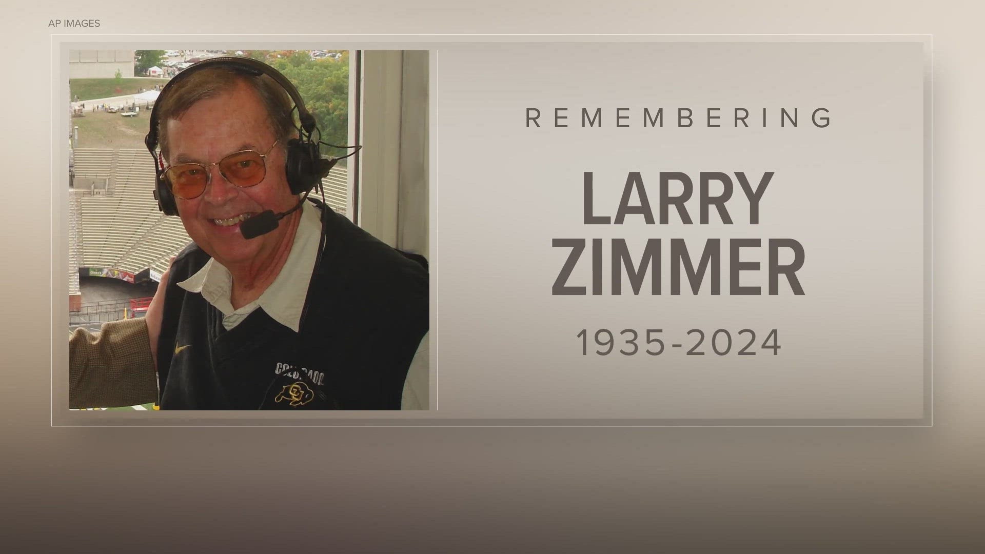 Larry Zimmer’s voice became the “sound of sports” in Colorado for decades. His play-by-play calls still bring chills to Broncos and Buffs fans.