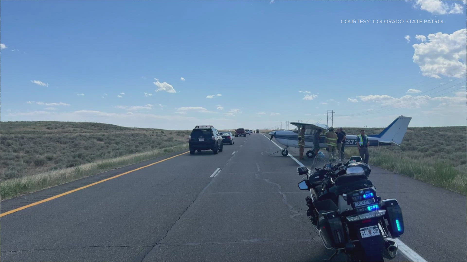 The plane landed on westbound Interstate 76 east of Brush just before 2:30 p.m. Saturday.