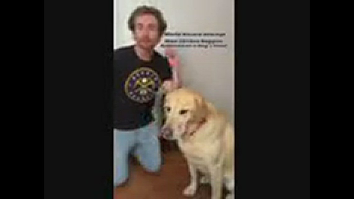 Nuggets fan and his dog go after world record in honor of the Nuggets going to the finals - by balancing Nuggets on his dog's head.