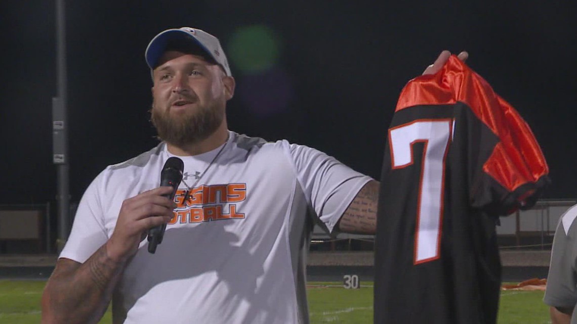 Broncos offensive lineman Dalton Risner has high school jersey retired in  Wiggins