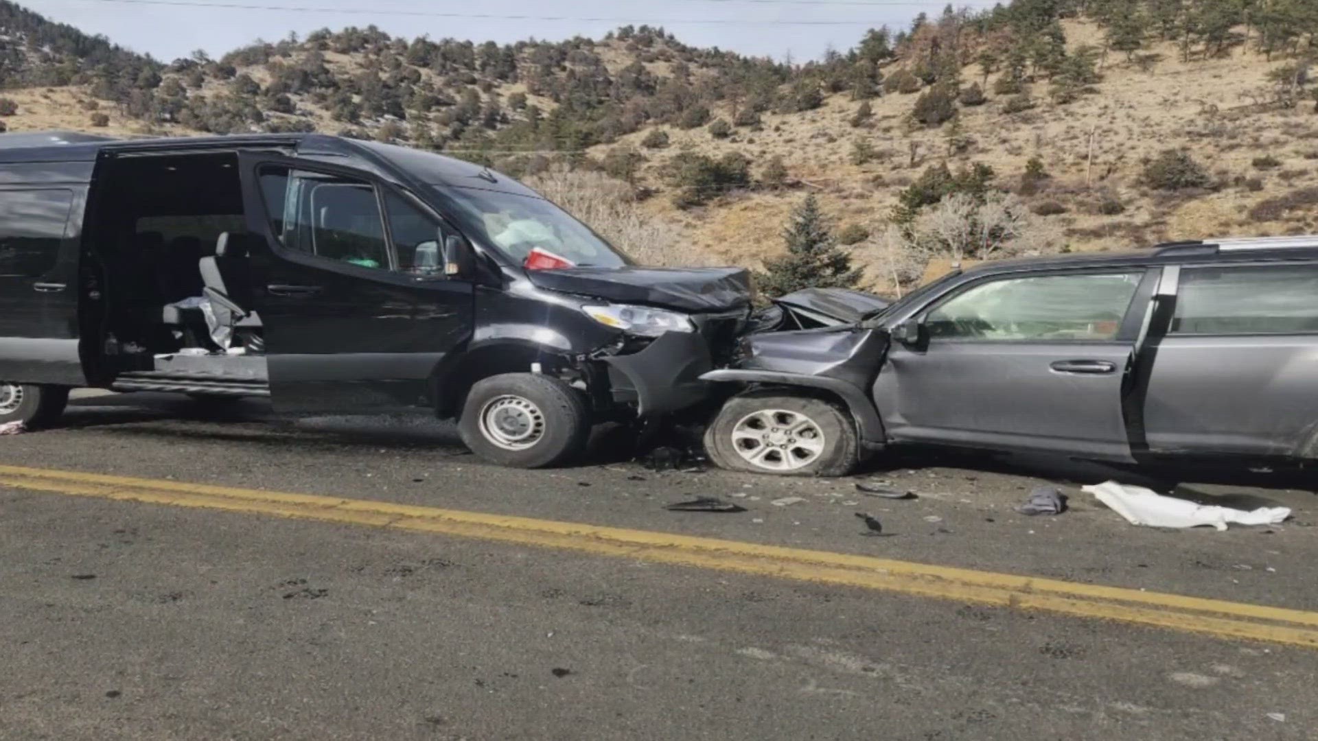 A head-on crash on Colorado Boulevard over Interstate 70 near Idaho Springs injured 12 people. Exit ramps off I-70 were closed, according to the fire department.