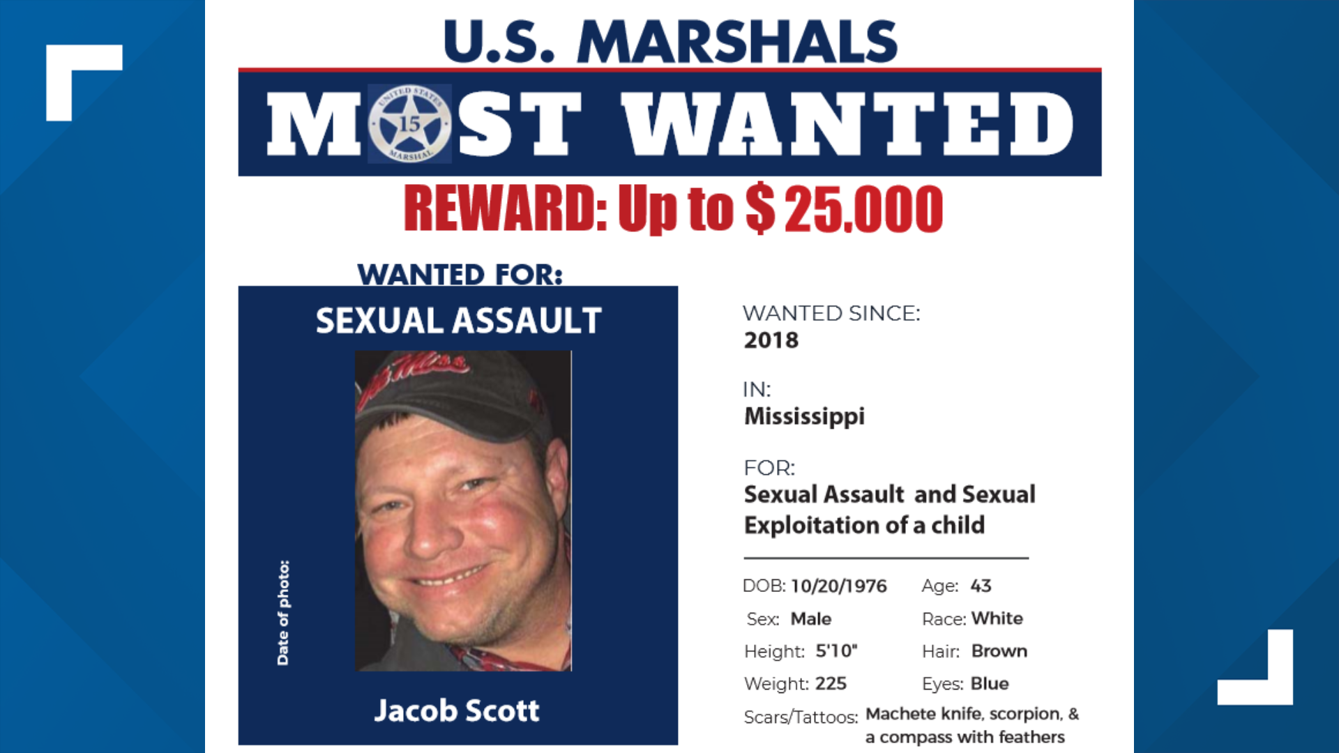 A wanted fugitive from Mississippi accused of sexually assaulting a 14-year-old girl and previously believed to be dead may be in the Denver area, according to the U.S. Marshals Service. According to the Colorado district of the U.S. Marshals Service, a tipster from Denver said they saw 42-year-old Jacob Scott at an apartment complex in the city.
