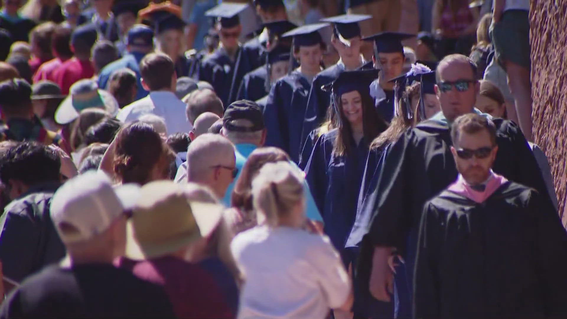 The Columbine High School graduation was scheduled for 2 p.m. at Red Rocks, but it was pushed back 15 minutes because of traffic.