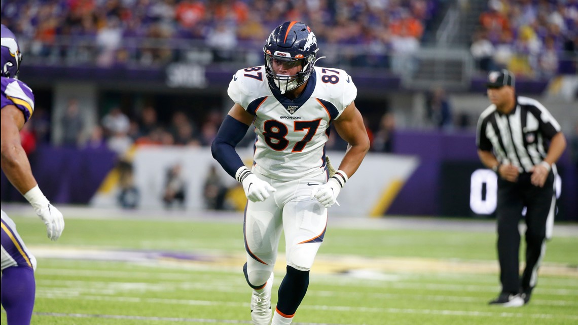 Denver Broncos wide receiver Juwann Winfree celebrates after catching a  touchdown pass during t …