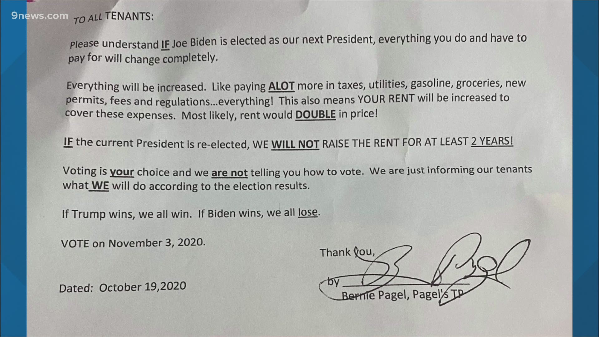 The landlord of a trailer park in Fort Morgan allegedly sent a note to residents warning rent would most likely double in price if Joe Biden becomes President.