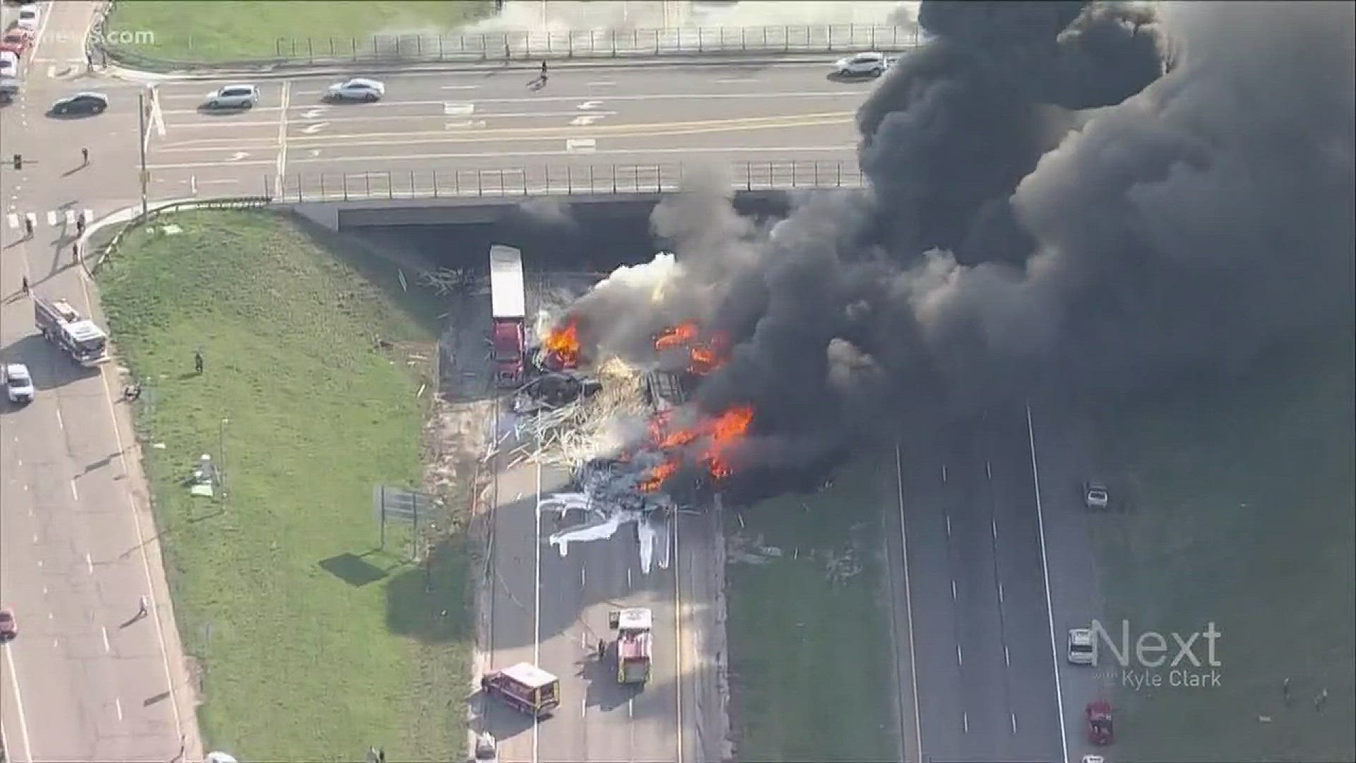 Multiple vehicles were on fire underneath an overpass on I-70 near Colorado Mills Parkway, with one confirmed fatality.