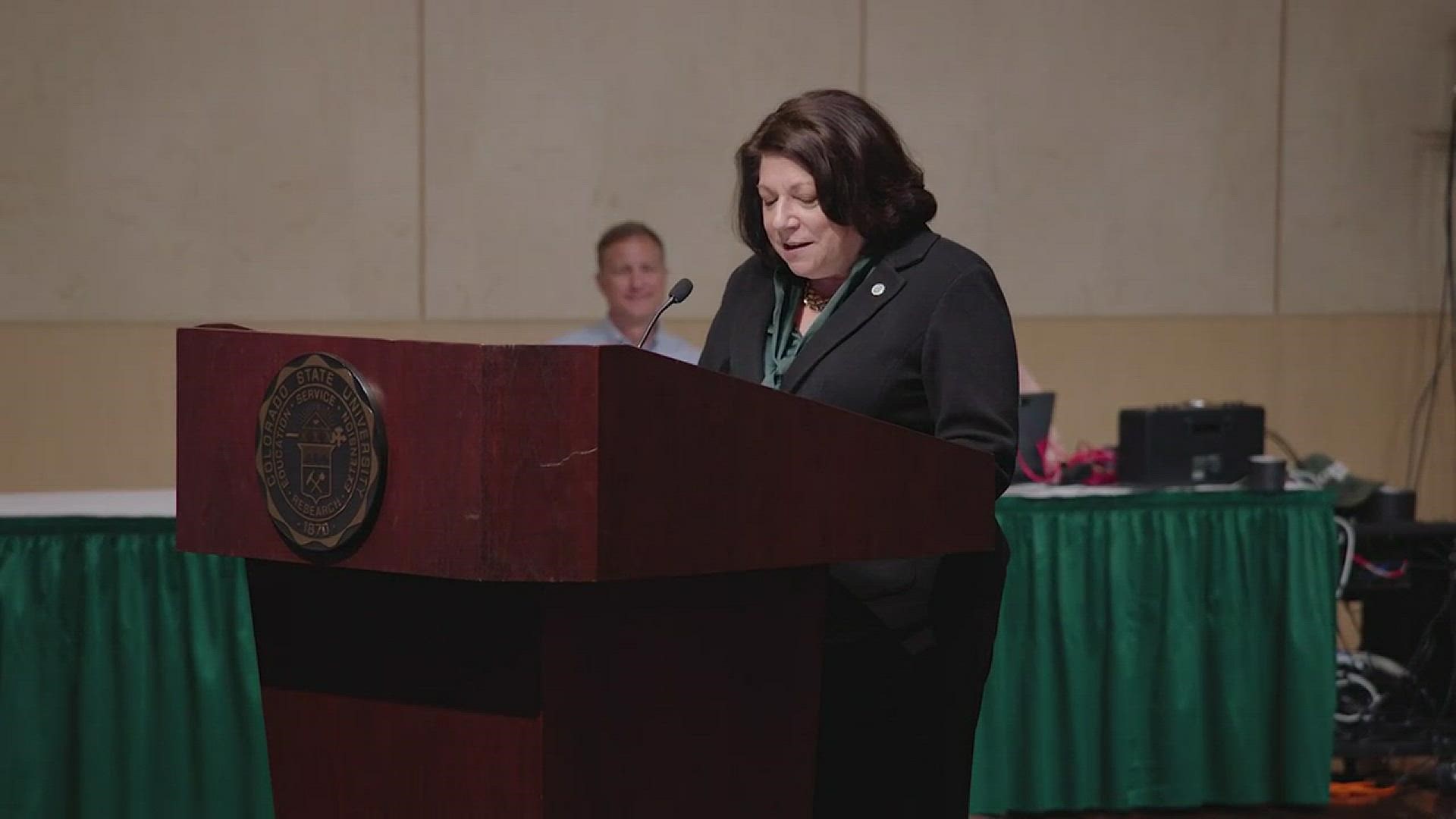 Joyce McConnell delivers an acceptance speech after the Colorado State University board of governors names her the first female present in the college's 150-year history.