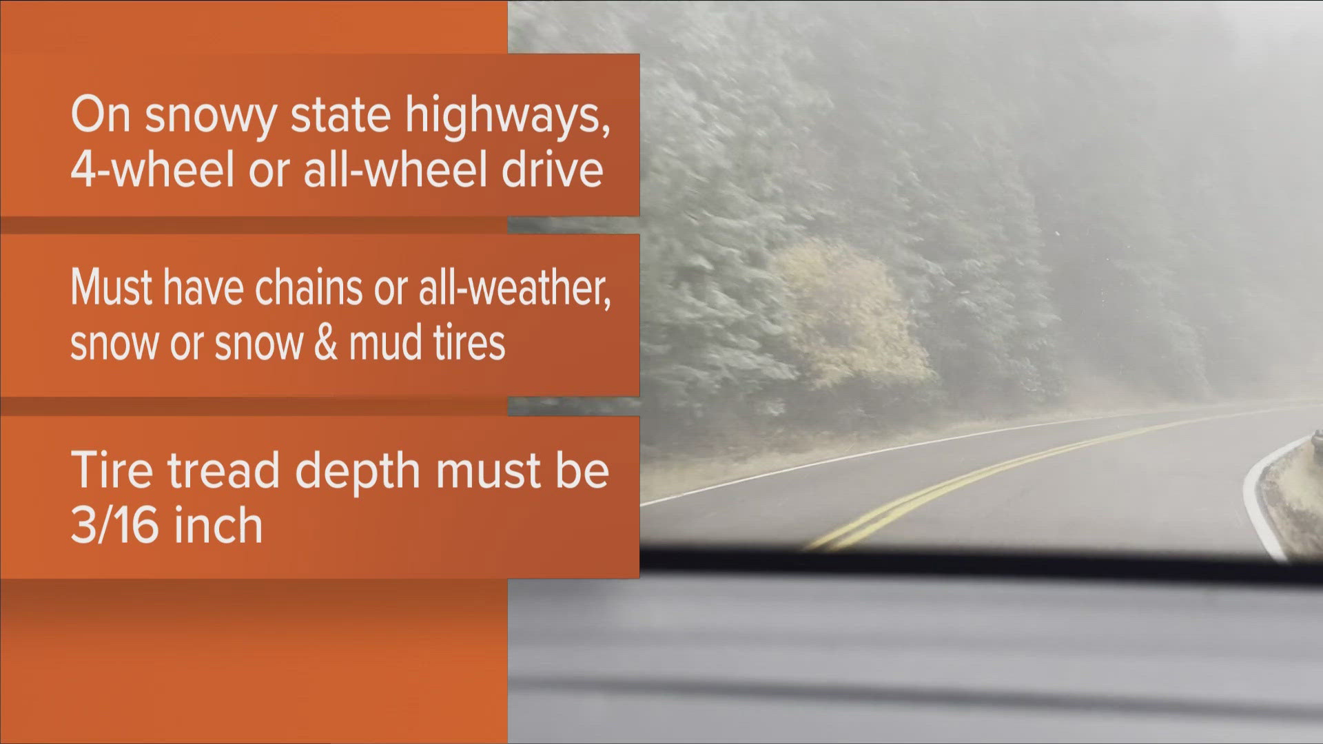 Travelers are urged to be prepared for winter driving conditions by making sure vehicle tires are in good shape, and packing an emergency kit. 