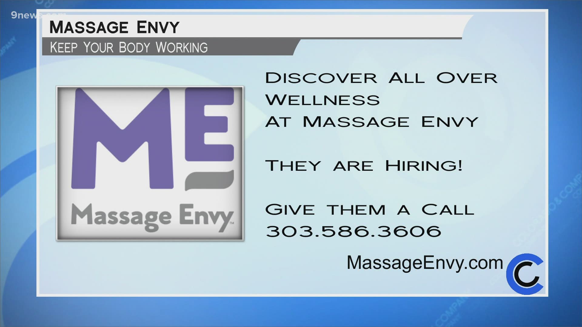 Get back to feeling good with help from Massage Envy. Learn more at MassageEnvy.com. They're also hiring! Text 303.586.3606 to find out more.