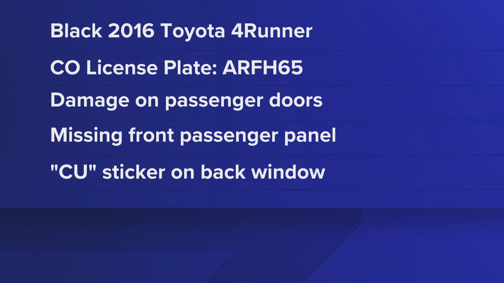 Denver Police are asking for the public's help in identifying the driver and vehicle involved in a fatal hit-and-run crash along Interstate 25 on Saturday.