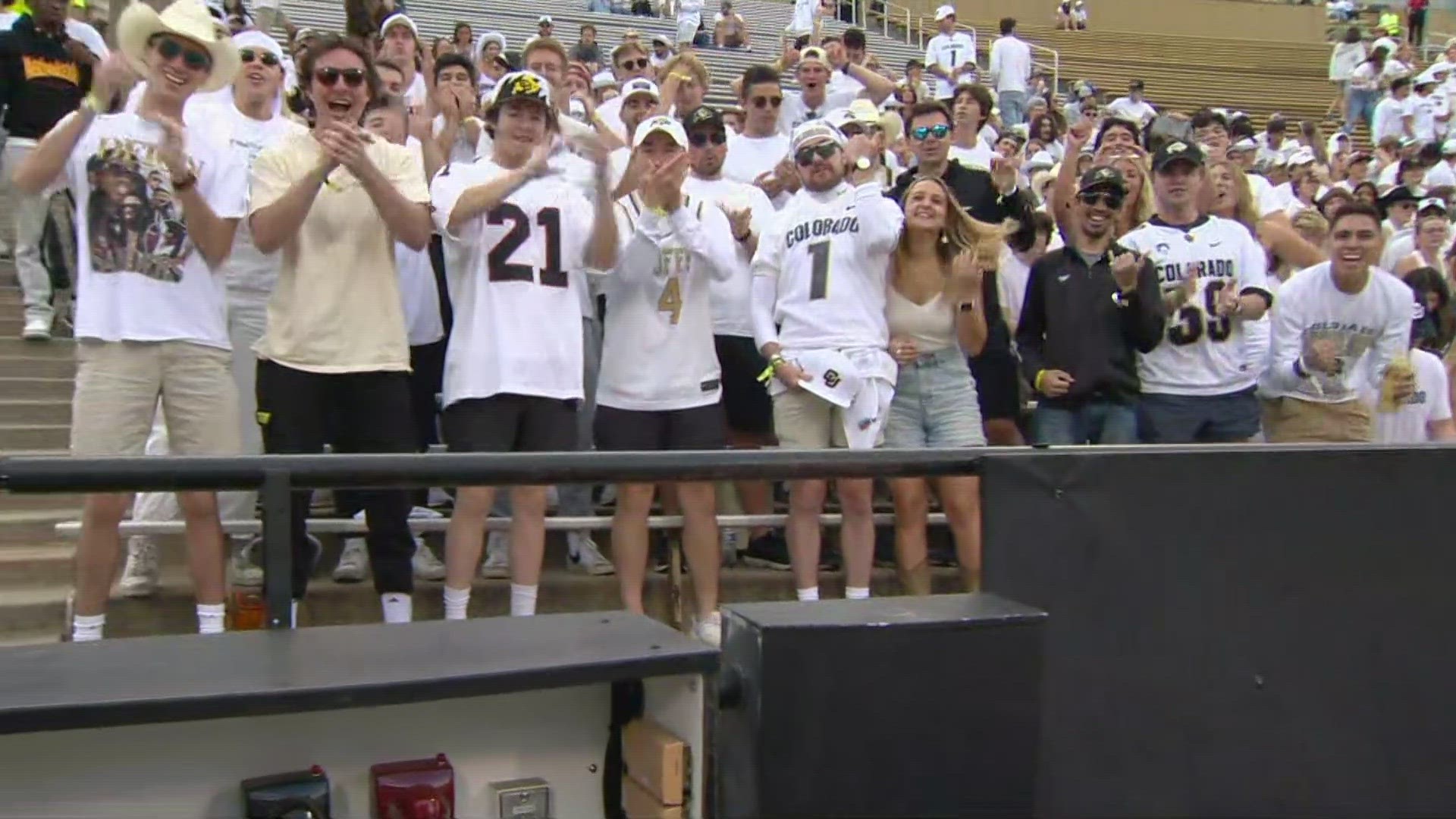 The CU Boulder student section at Folsom Field is full of excitement as the crowd gets ready to watch the Buffs take on the USC Trojans.
