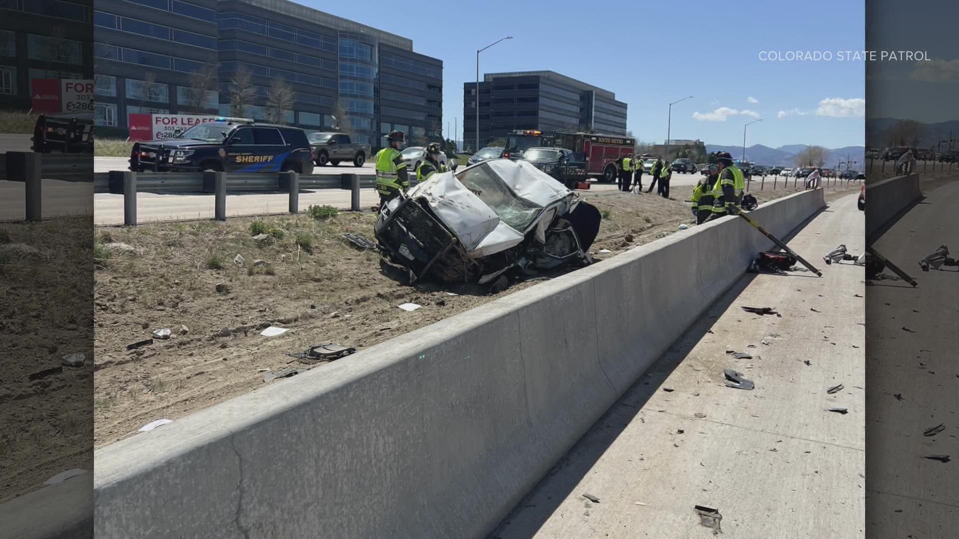 The Colorado State Patrol said the pickup truck crashed near Lucent Boulevard Saturday afternoon, killing the driver and a passenger.