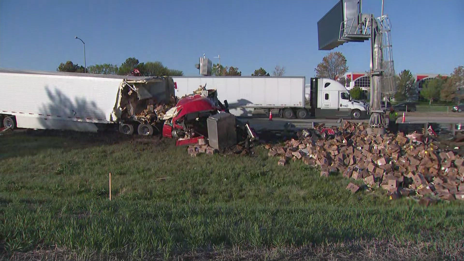 A semi-truck crashed along westbound I-70 near Tower Road. The driver suffered minor injuries.
