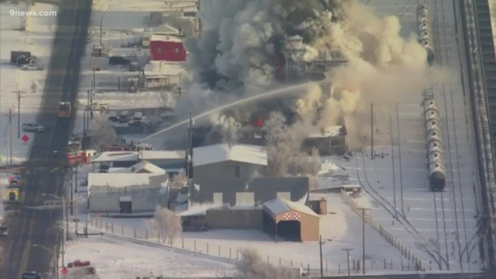 SKY9 is over a large fire burning near Denver and North Main St in Brighton at Arthur Grain Mill. We're working to get more information.
