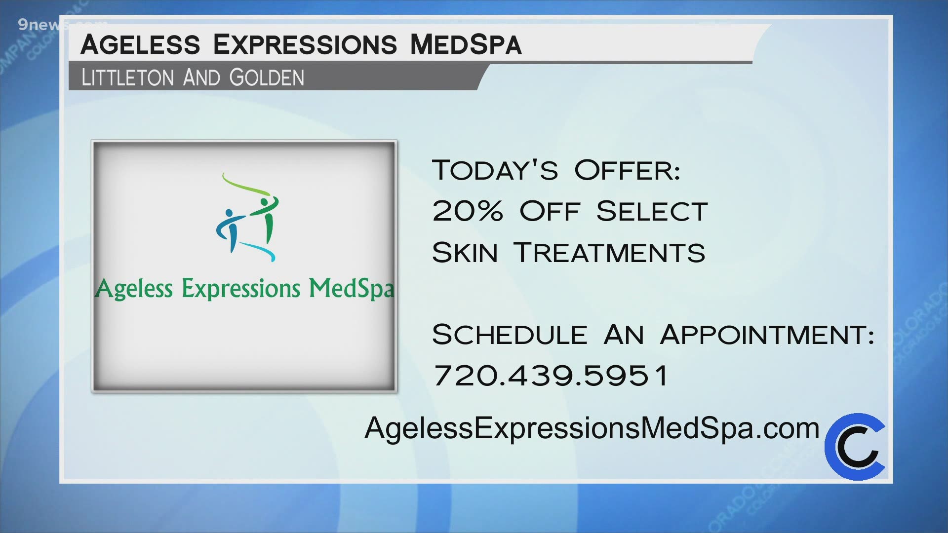 Call 720.439.5951 to set up your free consultation with Ageless Expressions. You can also take 20% off your treatment! Learn more at AgelessExpressionsMedSpa.com.
