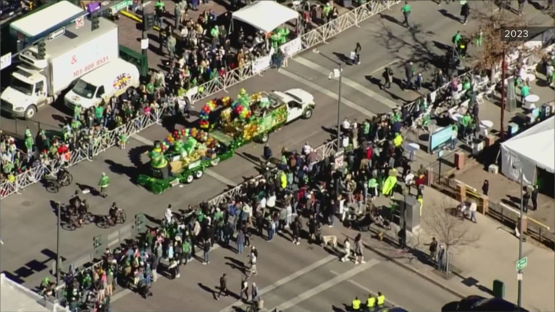 Watch as Sky9 flies over the largest St. Patrick's Day Parade west of the Mississippi River going through downtown Denver, Colorado.
