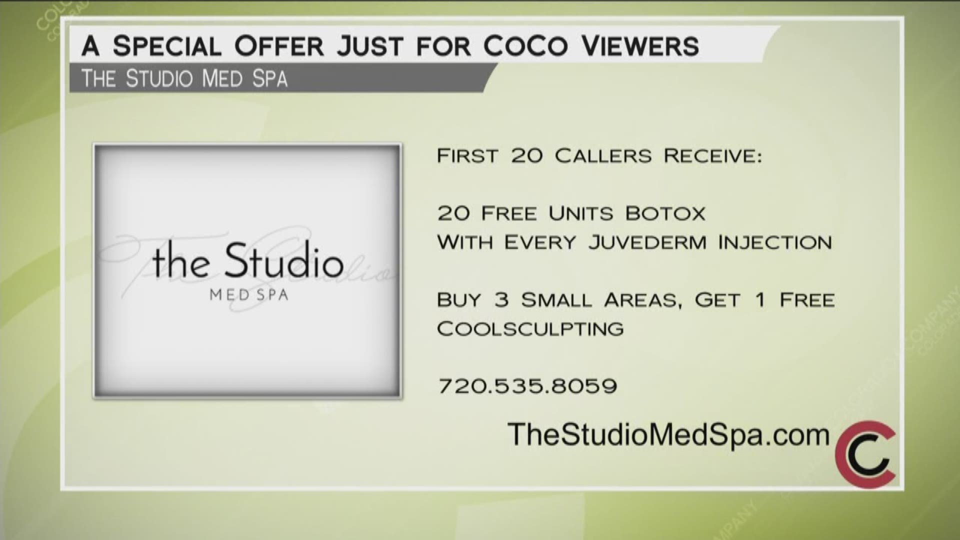 Call 720.535.8059 to book your service or consultation at one of the most sleek and modern aesthetic spas around—the Studio Med Spa! The first 20 callers right now will receive 20 free units of Botox with every Juvederm injection. Also take advantage of a great deal on Coolsculpting. When you buy three small areas, you’ll get your fourth for free. Learn more online at www.TheStudioMedSpa.com. 
THIS INTERVIEW HAS COMMERCIAL CONTENT. PRODUCTS AND SERVICES FEATURED APPEAR AS PAID ADVERTISING.