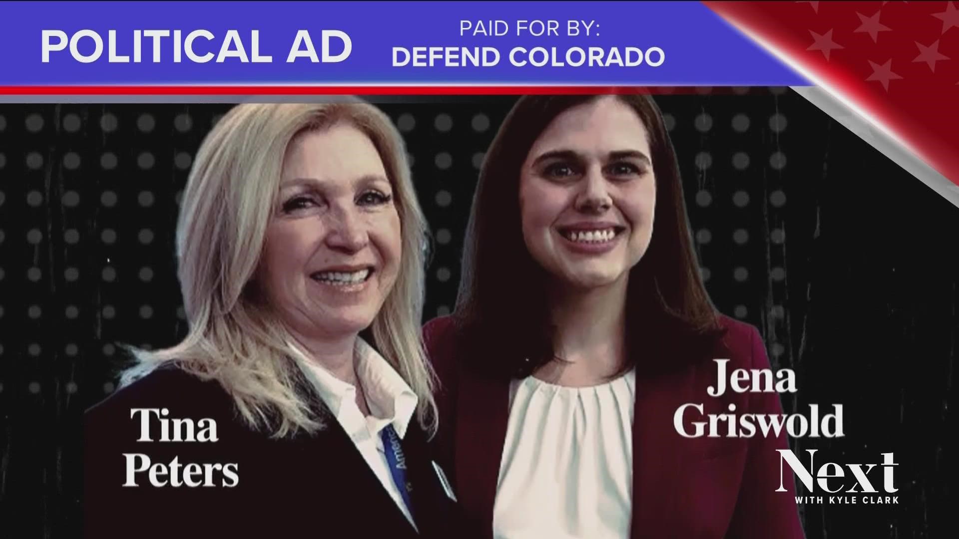 A group called Defend Colorado has a few political ads targeting Republican Tina Peters and Democrat Jena Griswold. One ad even combines the two.