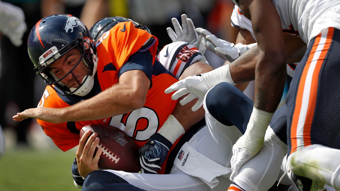 Denver Broncos outside linebacker Bradley Chubb (55) reacts to a defensive  stop against the Chicago Bears during the first half of an NFL football  game, Sunday, Sept. 15, 2019, in Denver. (AP