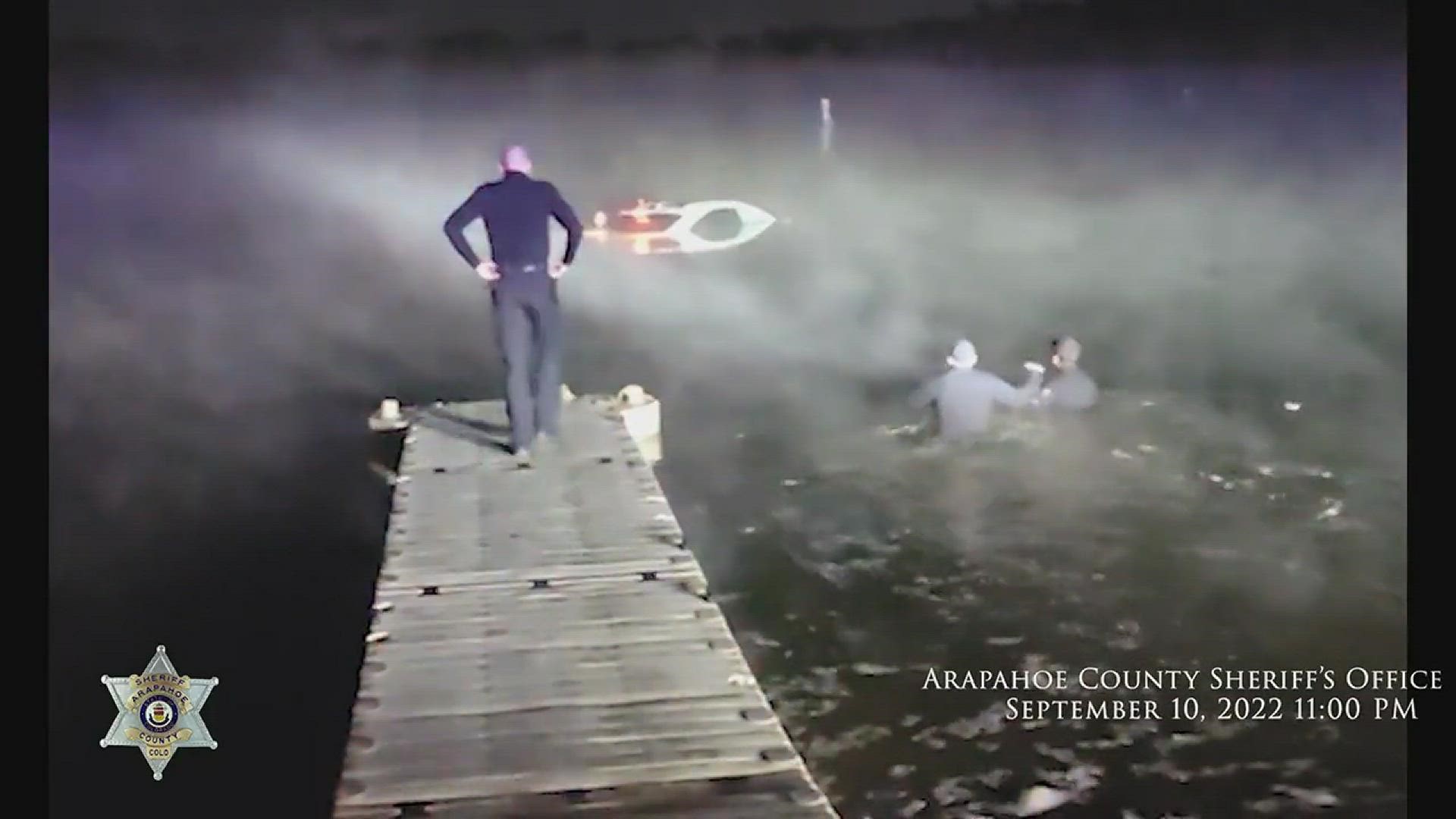 This video edited by the Arapahoe County Sheriff's Office shows deputies rescuing two women from a submerged car in Cherry Creek Reservoir Saturday night.