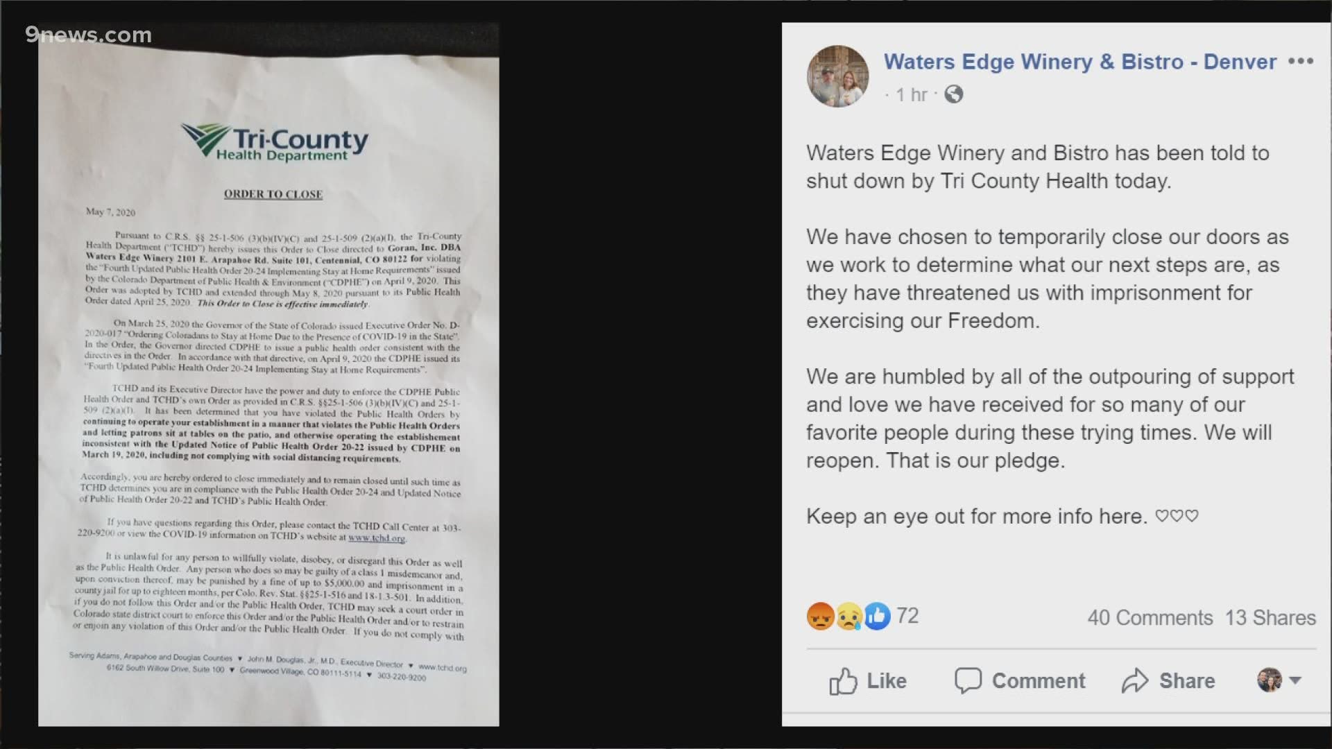 The Tri-County Health Department said Waters Edge Winery and Bistro in Centennial also ignored social distancing orders.