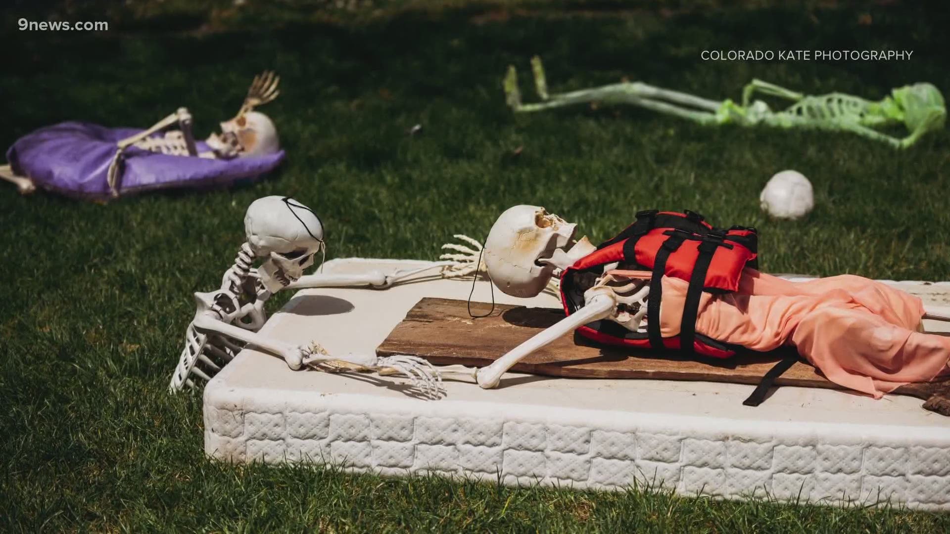 For the past month, Kate Davis and her family have re-positioned the skeletons in her front yard nearly every day to mimic scenes in pop culture.
