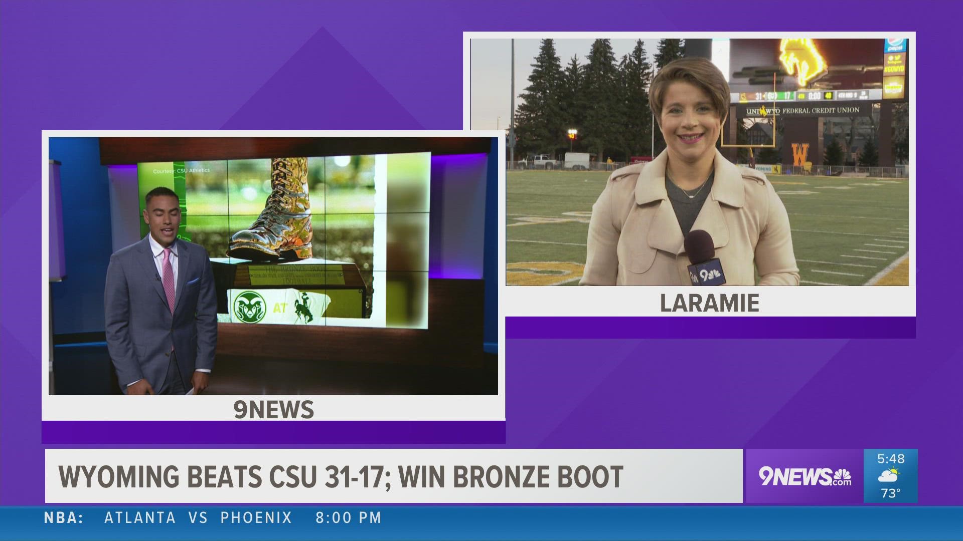 9NEWS sports reporter Arielle Orsuto was live in Laramie after the Cowboys beat the Rams 31-17 on Saturday to win the Border War and take home the Bronze Boot.