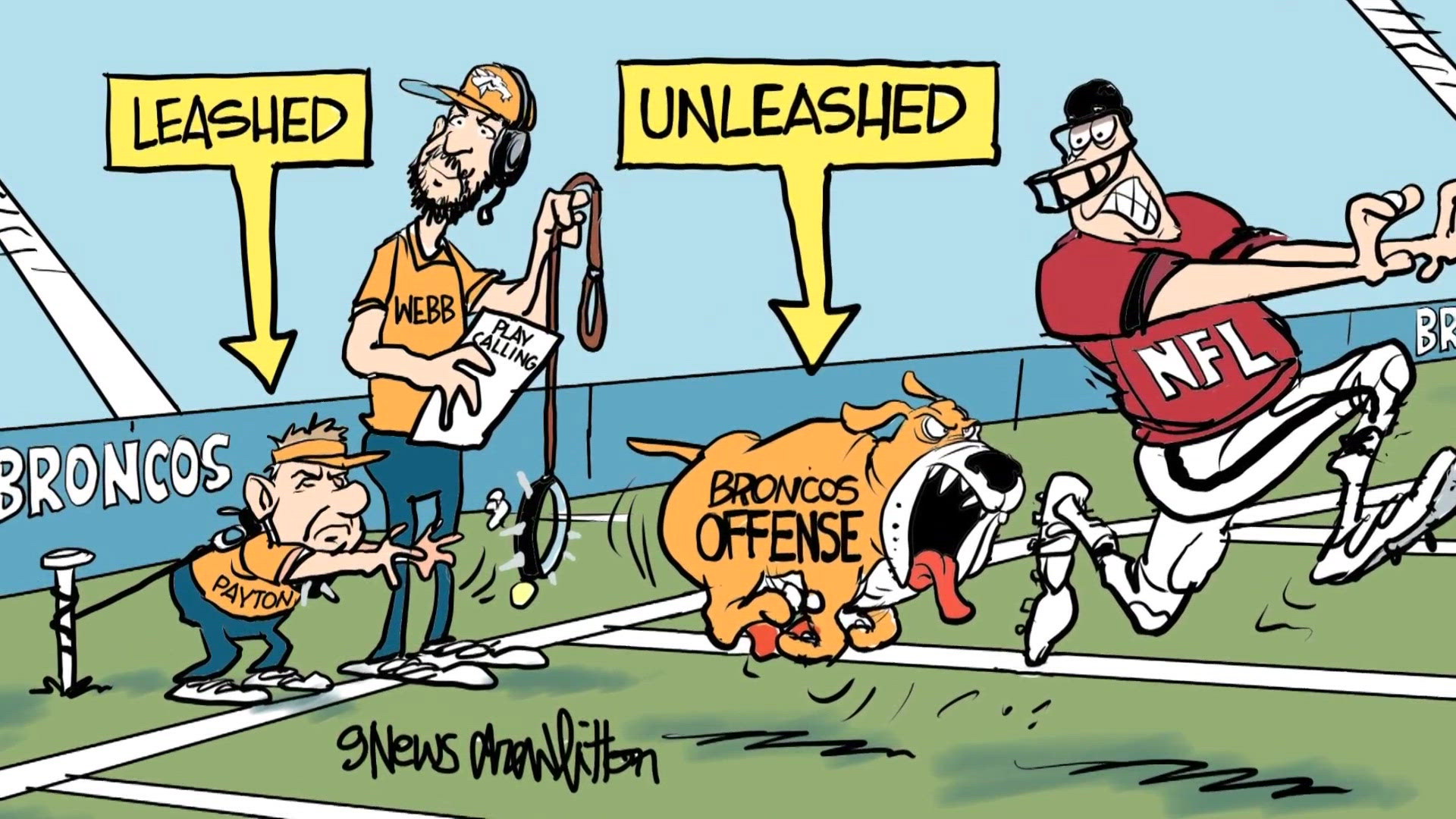 Drew Litton cartoon after Broncos' first preseason game | 9news.com
