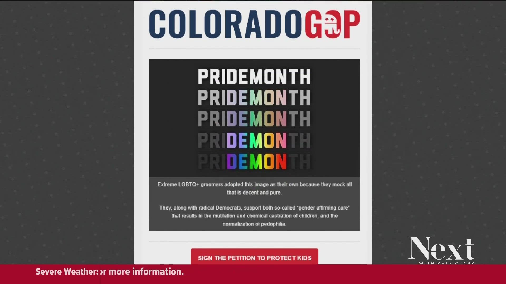 An email to supporters includes an image where the words Pride Month combine into "demon" and accuses LGBTQ people and Democrats of trying to normalize pedophilia.