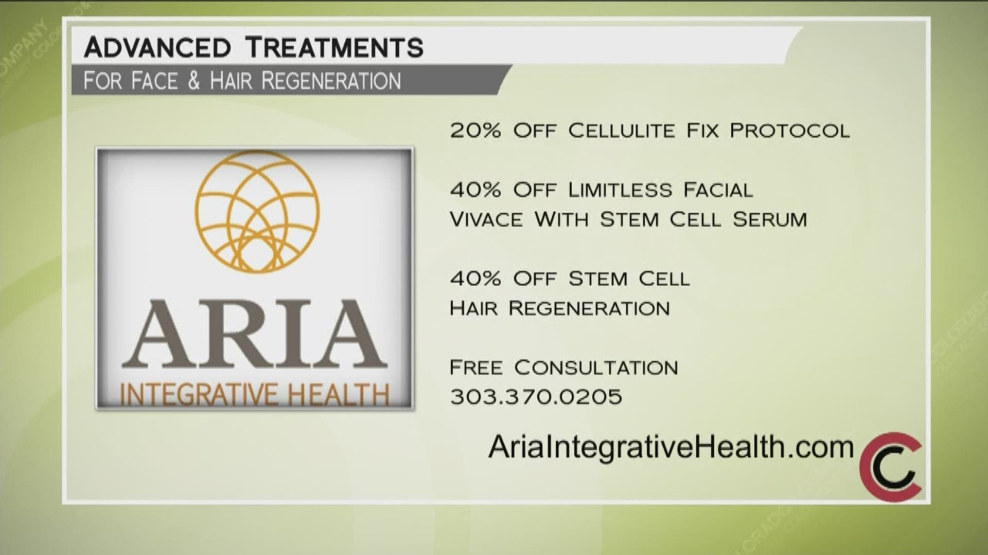 Enjoy special pricing on treatments now at Aria Integrative Health. Call 303.370.0205 to find out how much you can save. Learn more at www.AriaIntegrativeHealth.com.