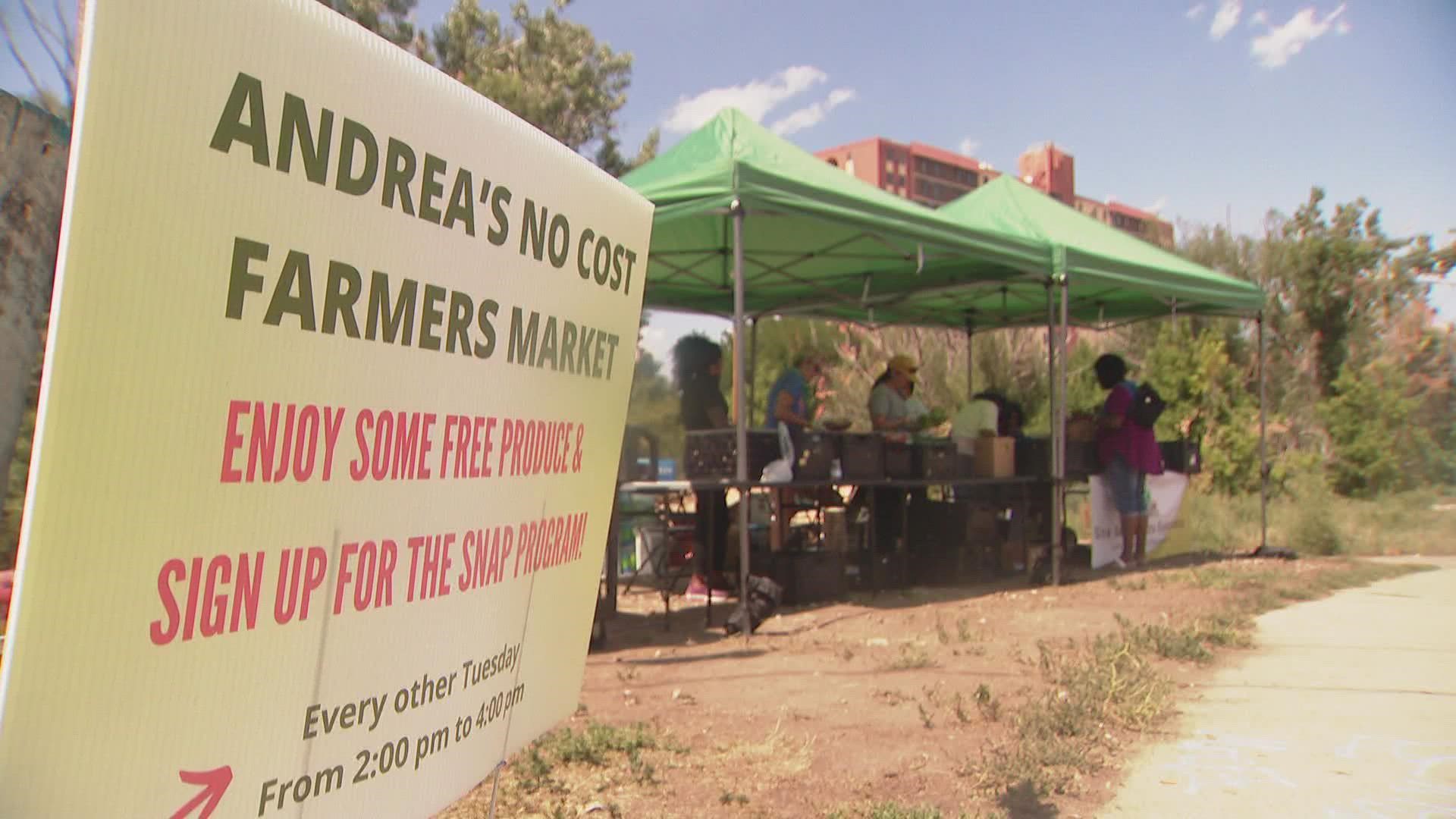 Andrea's No Cost Farmers Market often helps those who may not qualify for aid such as SNAP benefits. Others turn to the market where no questions are asked for food.