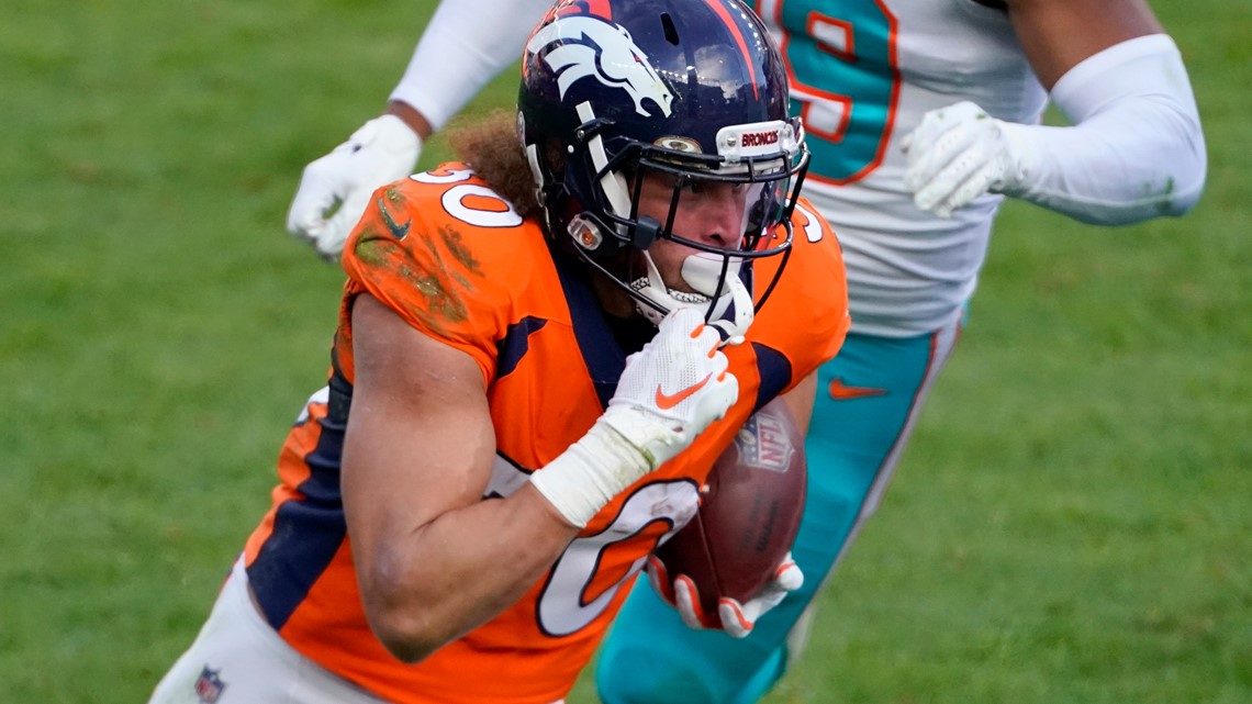 Denver Broncos running back Phillip Lindsay leaves the field after an NFL  football game against the New England Patriots while wearing a headband  with colors supporting Crucial Catch initiative, Sunday, Oct. 18