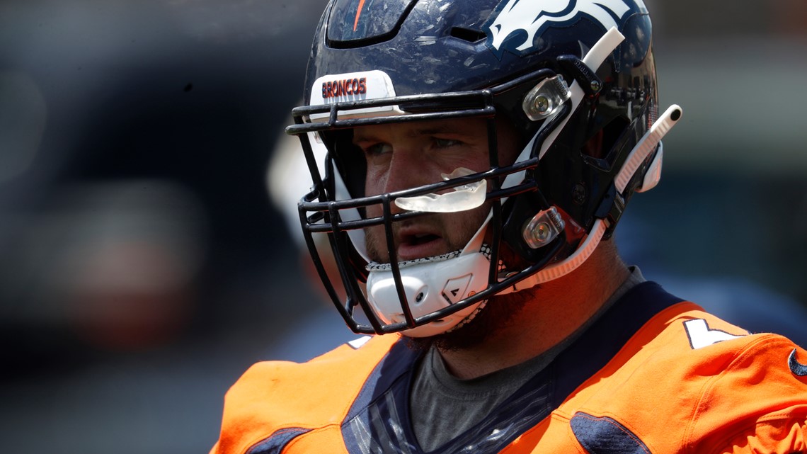 Green Bay, WI, USA. 22nd Sep, 2019. Denver Broncos offensive tackle Dalton  Risner #66 in the rain during the NFL Football game between the Denver  Broncos and the Green Bay Packers at