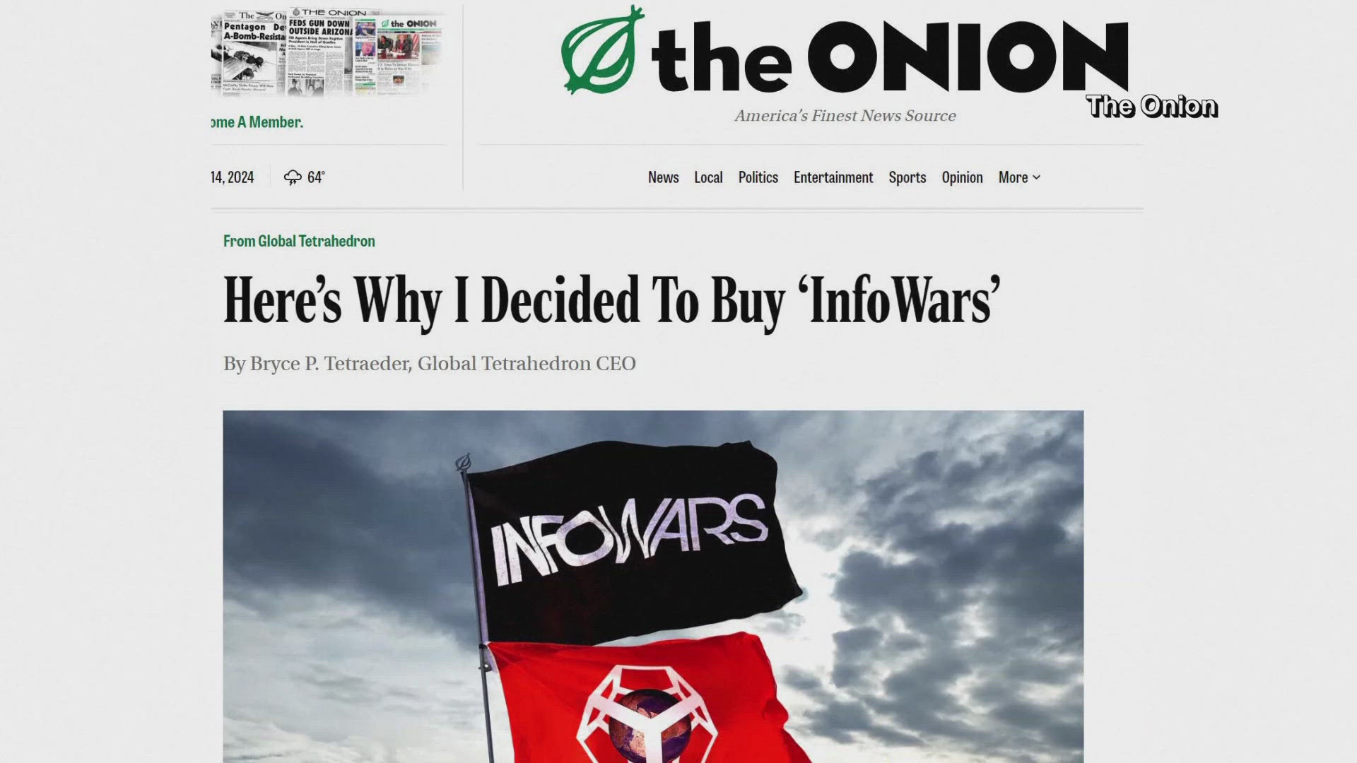 The Onion plans to relaunch the Infowars website with satire aimed at conspiracy theorists and right-wing personalities, as well as information about gun violence.